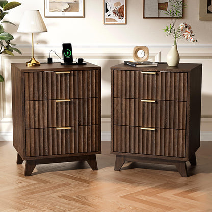 VINGLI Black Nightstands Set of 2 with Fabric Drawers, Fluted Nightstands with Charging Station, Night Stand Set of 2, Small Bedside Table, Bed Side Table/Night Stand with Charging Station for Bedroom
