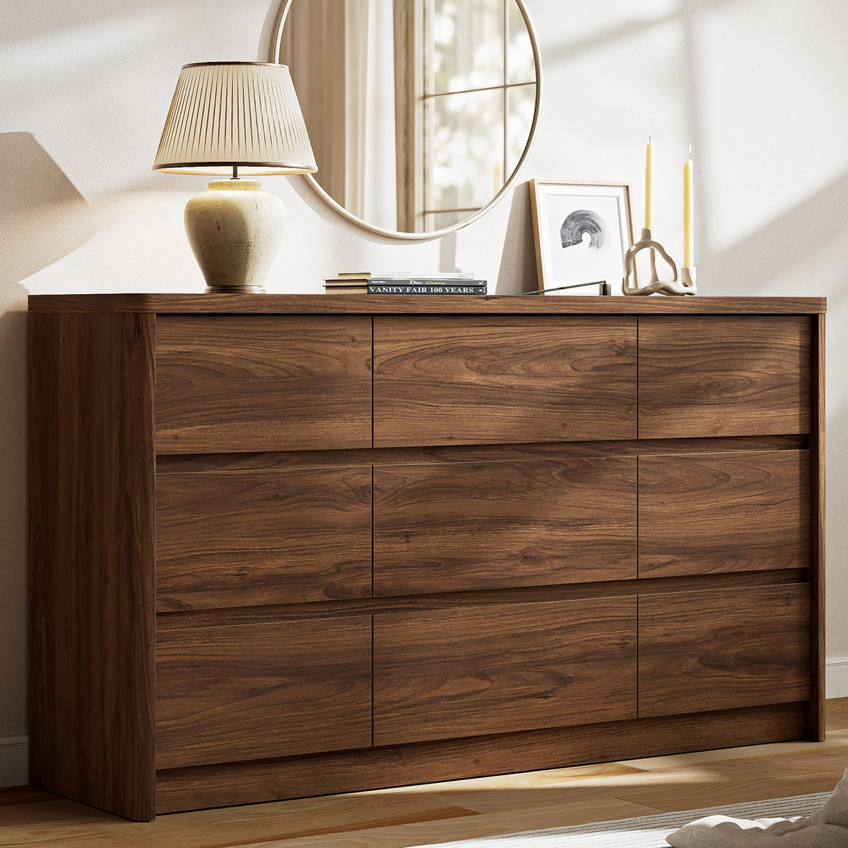 Walnut Dresser for Bedroom, 5 Drawer Dresser with Wood Legs, 47.2" Tall Wood Dresser, Mid Century Modern Chest of Drawers, Large Storage Bedroom Furniture, Walnut