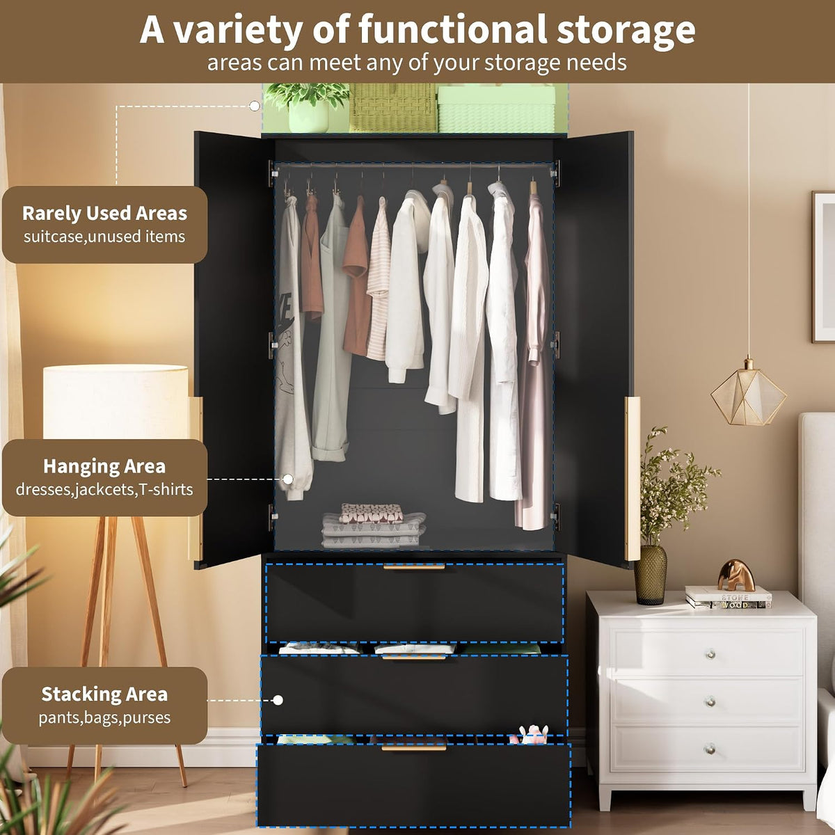 GarveeHome 70" Wardrobe Armoire Wooden Closet with 3 Drawers, Black