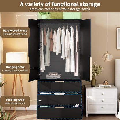 GarveeHome 70" Wardrobe Armoire Wooden Closet with 3 Drawers, Black