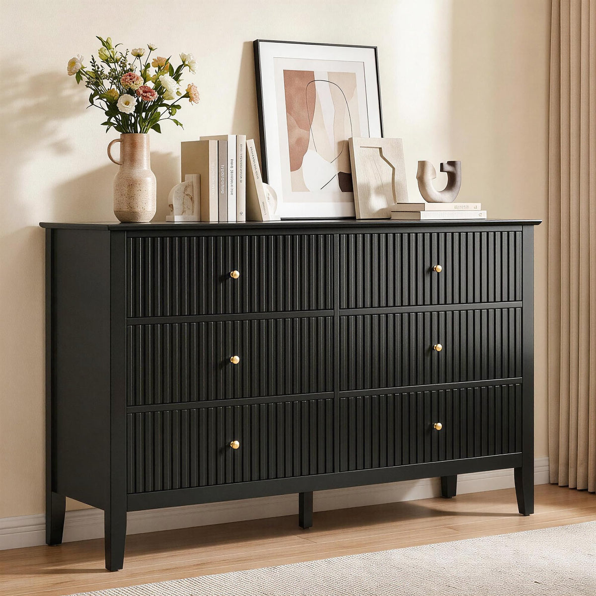 RoyalCraft 6 Drawer Dresser, Fluted Modern Wood Chest of Drawers, Long Dresser for Bedroom TV Stand Storage Cabinet for Living Room, Blue