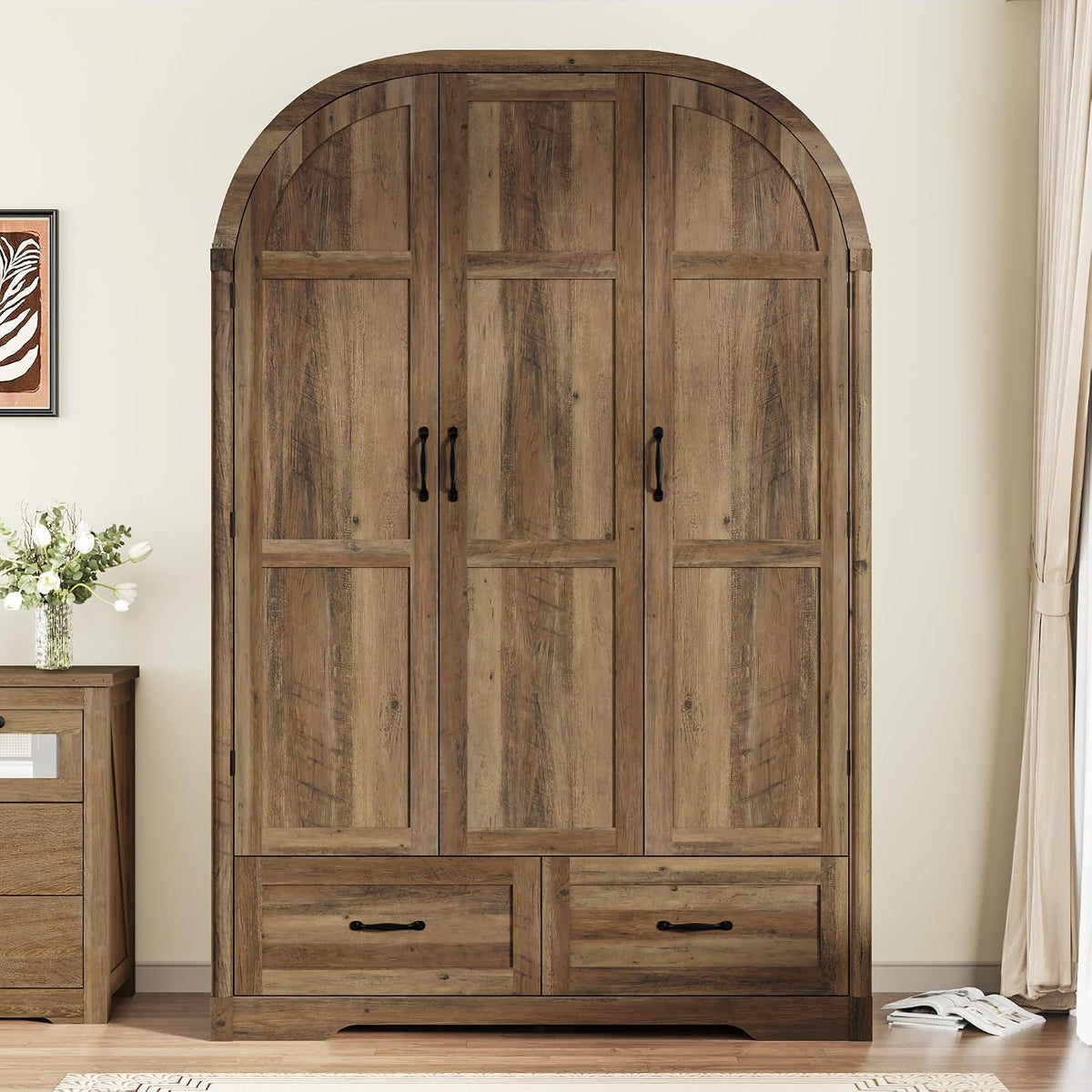 Squireewo 3 Doors Armoire Wardrobe Closet with Mirror and Lights, 71" Farmhouse Arched Wooden Wardrobe Cabinet with 2 Drawers,Hanging Rod, Clothing Storage Closet Cabinet for Bedroom,Light Rustic Oak