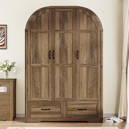 Squireewo 3 Doors Armoire Wardrobe Closet with Mirror and Lights, 71" Farmhouse Arched Wooden Wardrobe Cabinet with 2 Drawers,Hanging Rod, Clothing Storage Closet Cabinet for Bedroom,Light Rustic Oak