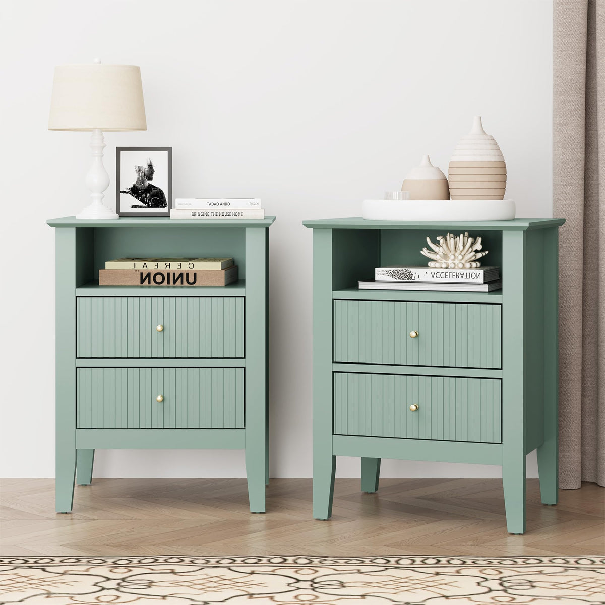 RoyalCraft 32" Large Nightstand Set of 2, Fluted Painted Bedside Table with 3 Spacious Drawers, Modern Tall End Table for Bedroom, Beige