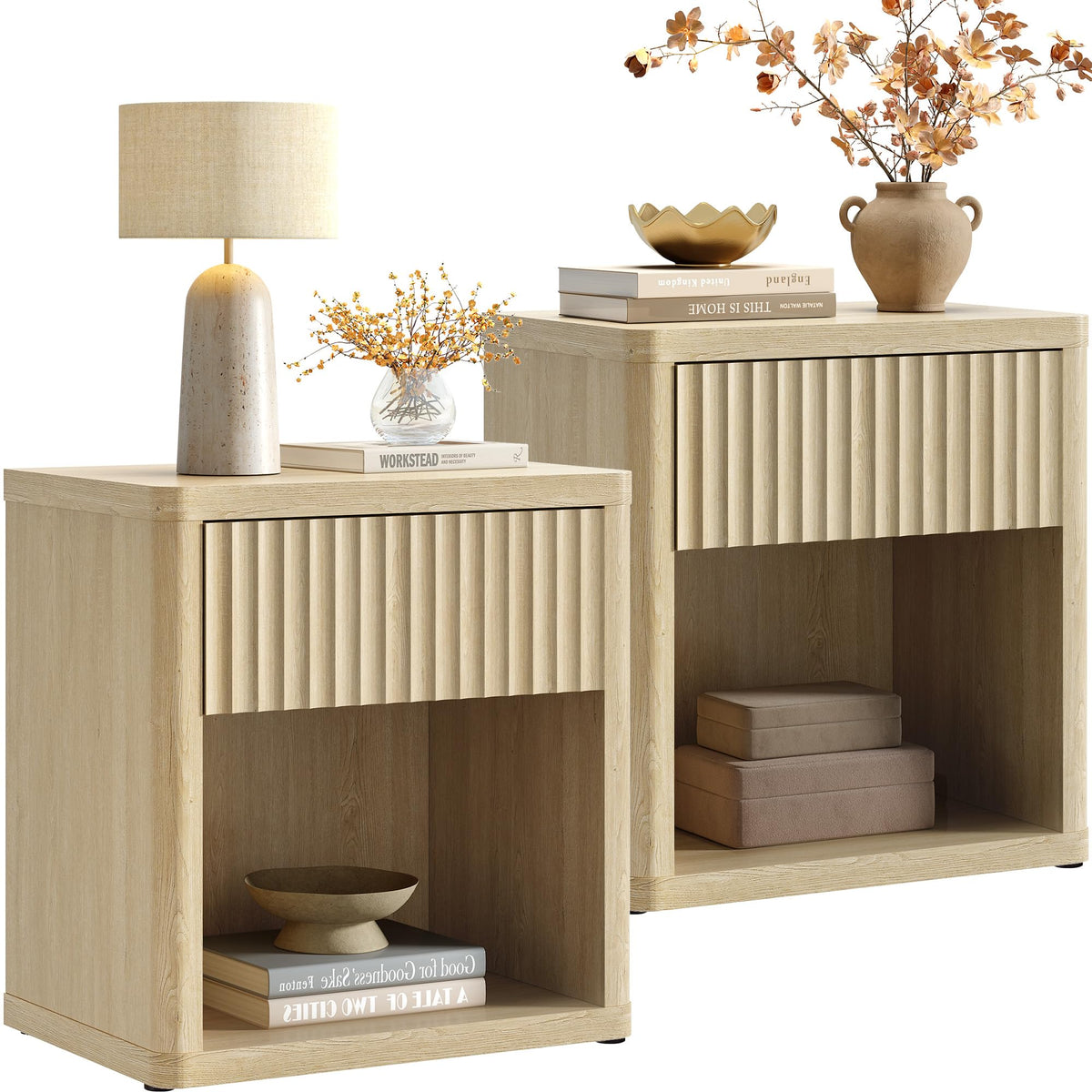 SICOTAS Night Stand Set of 2 Nightstands with Drawer Storage Fluted Bed Side Table End Table Large Modern Wide Bedside Stand Mid Century Night Stands for Bedroom Living Room Sofa Office, White Alder