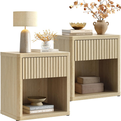 SICOTAS Night Stand Set of 2 Nightstands with Drawer Storage Fluted Bed Side Table End Table Large Modern Wide Bedside Stand Mid Century Night Stands for Bedroom Living Room Sofa Office, White Alder