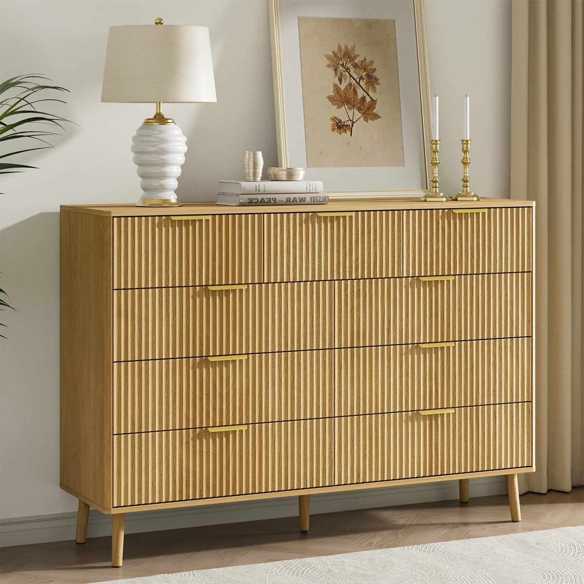 LYNSOM 55" Wide Fluted Dresser for Bedroom with 6 Drawer, Modern Chest of Drawers with Curved Profile Design and Metal Handles, Wood Dresser TV Stand & Storage Organizer for Living Room, Walnut