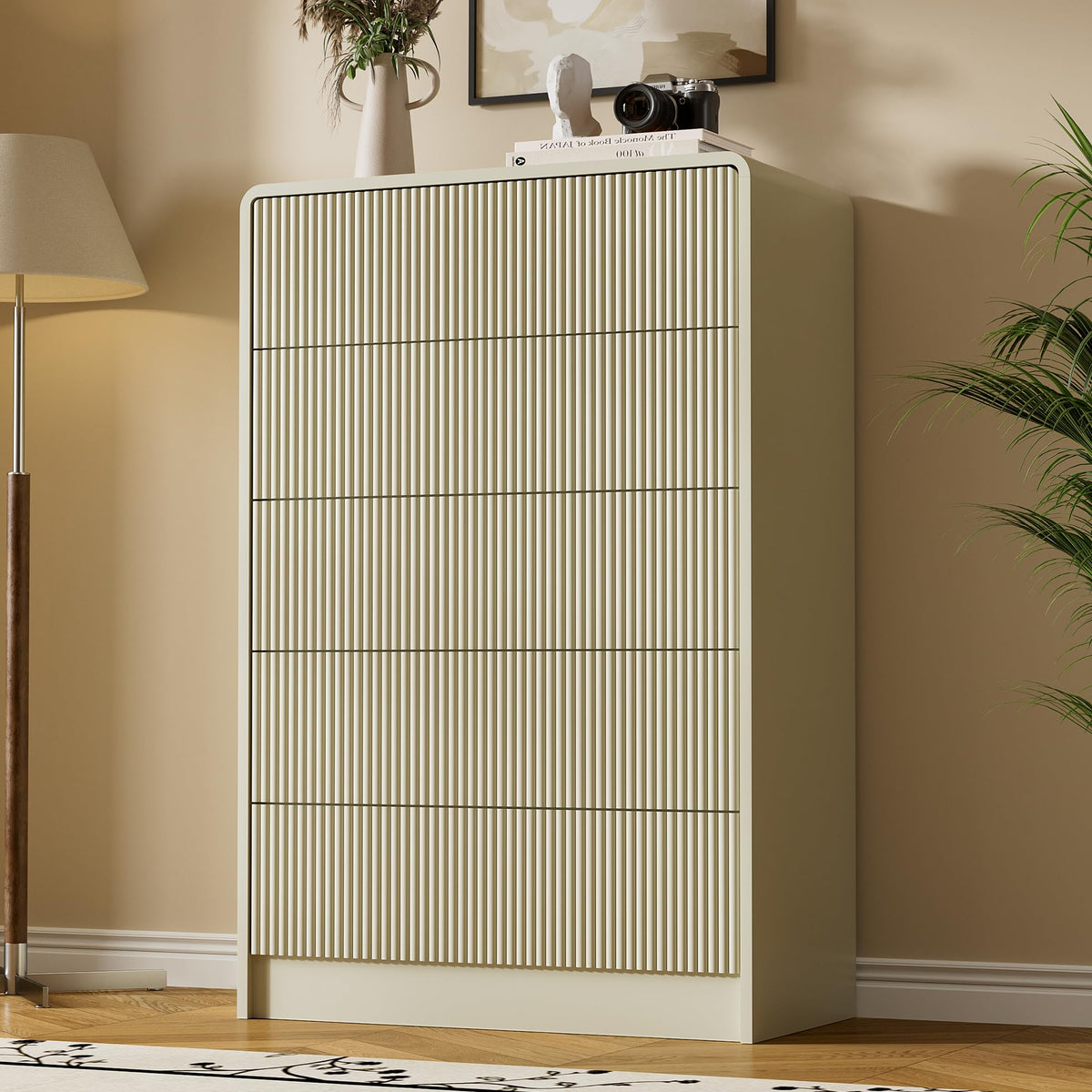 Furniway Black 5 Drawer Dresser for Bedroom, Curved Tall Dresser with Push-to-Open Design, Chest of Drawers for Bedroom, Living Room, Hallway, 15.7”D x 32”W x 47.2”H