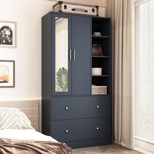 Wardrobe Armoire Closet with Mirror, 2 Door Wardrobe Cabinet with 2 Drawers & Extendable Hanging Rod, Bedroom Armoire Cabinet Clothes Organizer, Type A Blue (35.5" W x 15.8" D x 70.8" H)