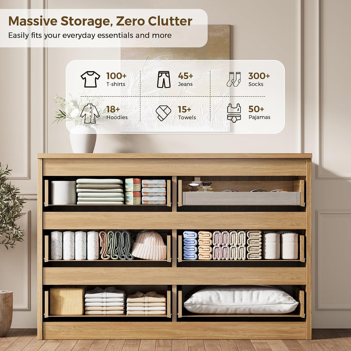 Jocoevol 6 Drawer Fluted Dresser, Modern Chest of Drawers for Bedroom with Hidden Handles, Wood Storage Organizer Cabinet for Living Room & Entryway, Natural Oak (15.7" D x 47.3" W x 31.6" H)