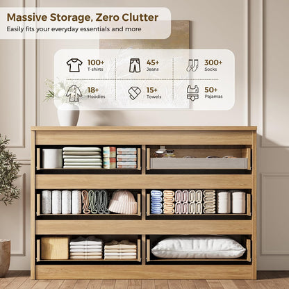 Jocoevol 6 Drawer Fluted Dresser, Modern Chest of Drawers for Bedroom with Hidden Handles, Wood Storage Organizer Cabinet for Living Room & Entryway, Natural Oak (15.7" D x 47.3" W x 31.6" H)