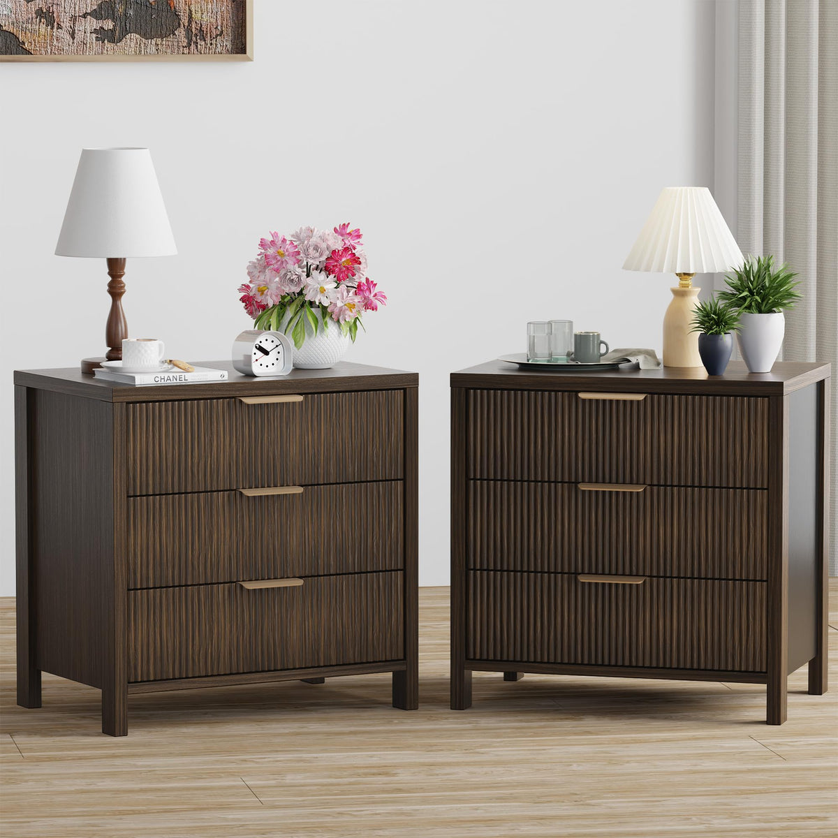 Fluted Nightstands Set of 2, 23.7'' Wide Night Stand with 3 Drawers, Mid-Century Modern Bedside Table with Handles, Wood End Table for Bedroom, Walnut