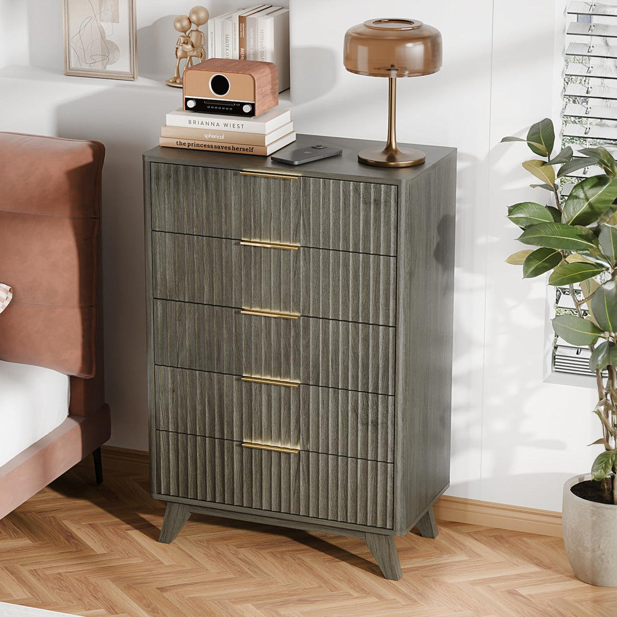 VINGLI Fluted Tall Dresser 5 Drawer, 23.66" W Chest of Drawers, Walnut Wood Dresser for Bedroom Mid Century Modern with Rounded Edge, 23.66" W*15.59" D*44.88" H