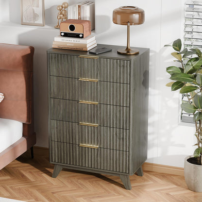 VINGLI Fluted Tall Dresser 5 Drawer, 23.66" W Chest of Drawers, Walnut Wood Dresser for Bedroom Mid Century Modern with Rounded Edge, 23.66" W*15.59" D*44.88" H
