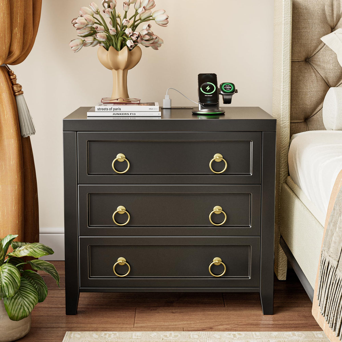 Huuger Paint Night Stand with Charger Station, 3 Drawer Nightstand Set of 2