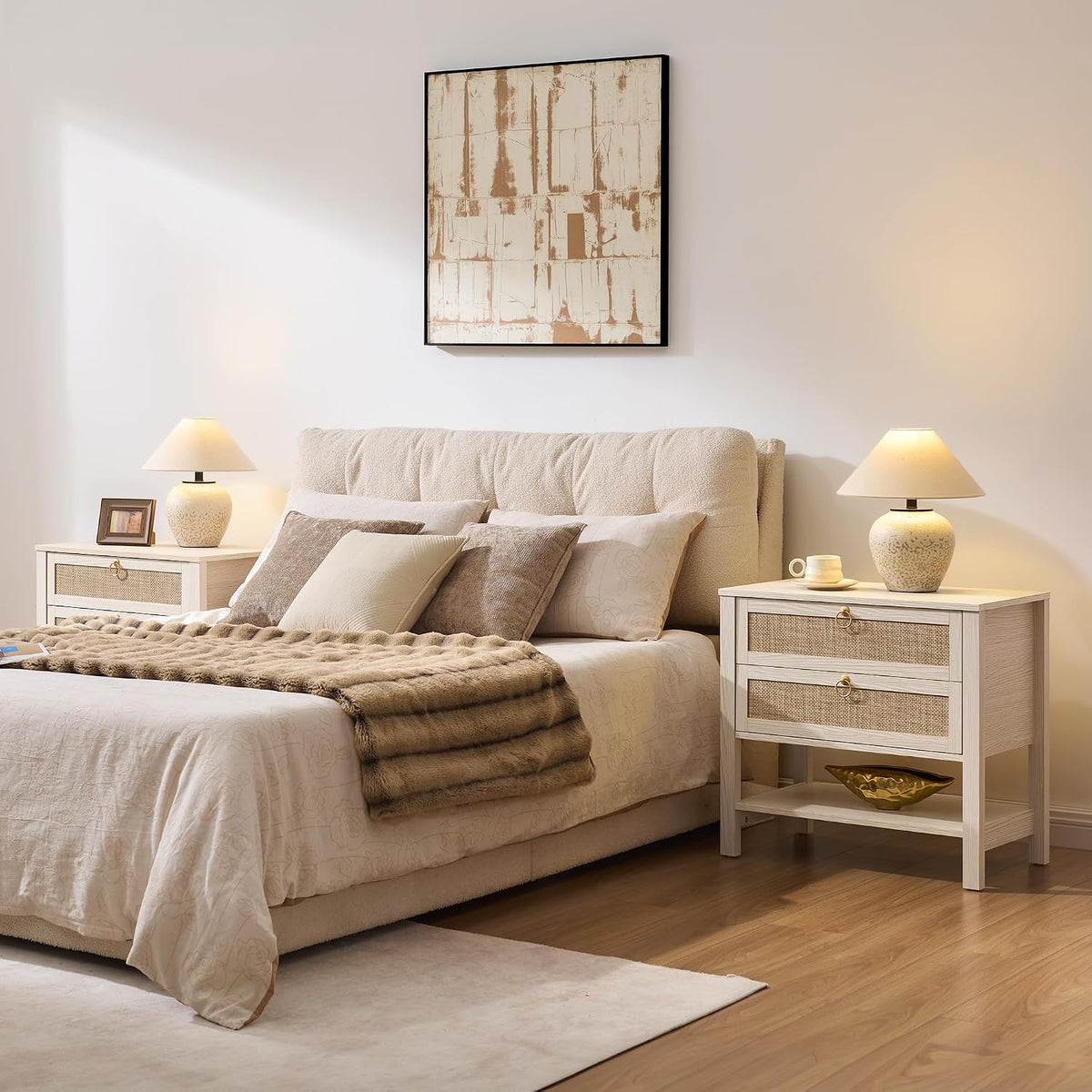 SICOTAS White Rattan Nightstand Set of 2, Wide Bedside Table with 2 Drawers
