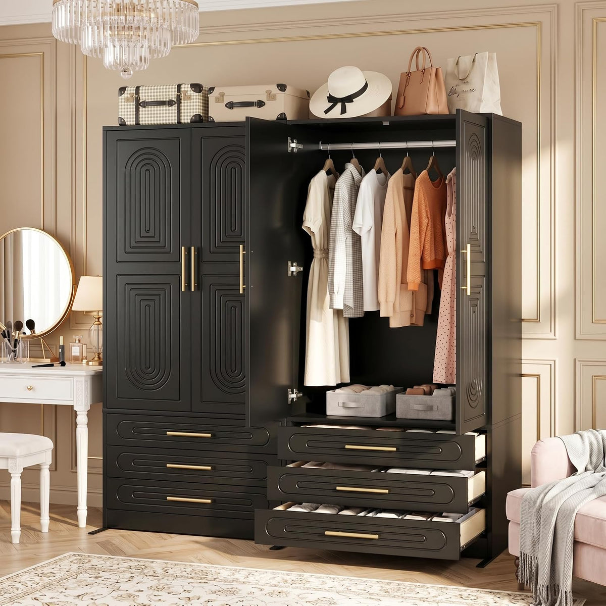 4 Doors Armoire Wardrobe Closet with Drawer & Doors, 71 inch Tall Wardrobe