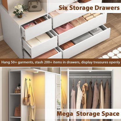 White Wardrobe Closet with Mirror and LED Light, Armoire Wardrobe with 6 Drawers, Hanging Rod, Open Shelves, Freestanding Bedroom Storage Cabinet