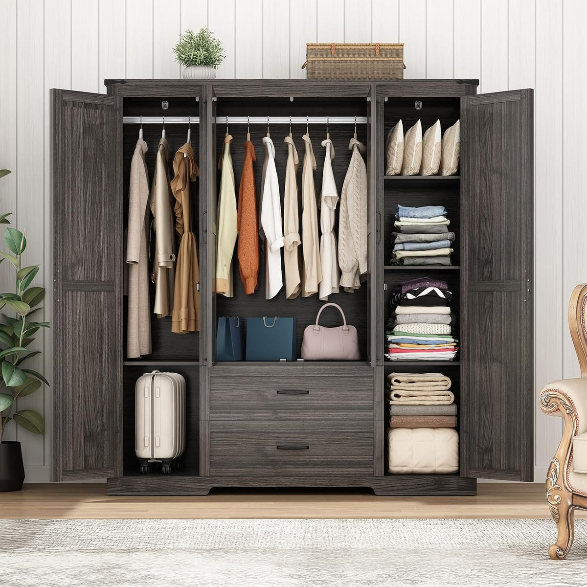 Hlivelood 4 Doors Wardrobe Armoire Closet with Doors and Drawers, Farmhouse Wooden Armoire Storage Cabinet with Shelves & Hanging Rod for Bedroom, Grey