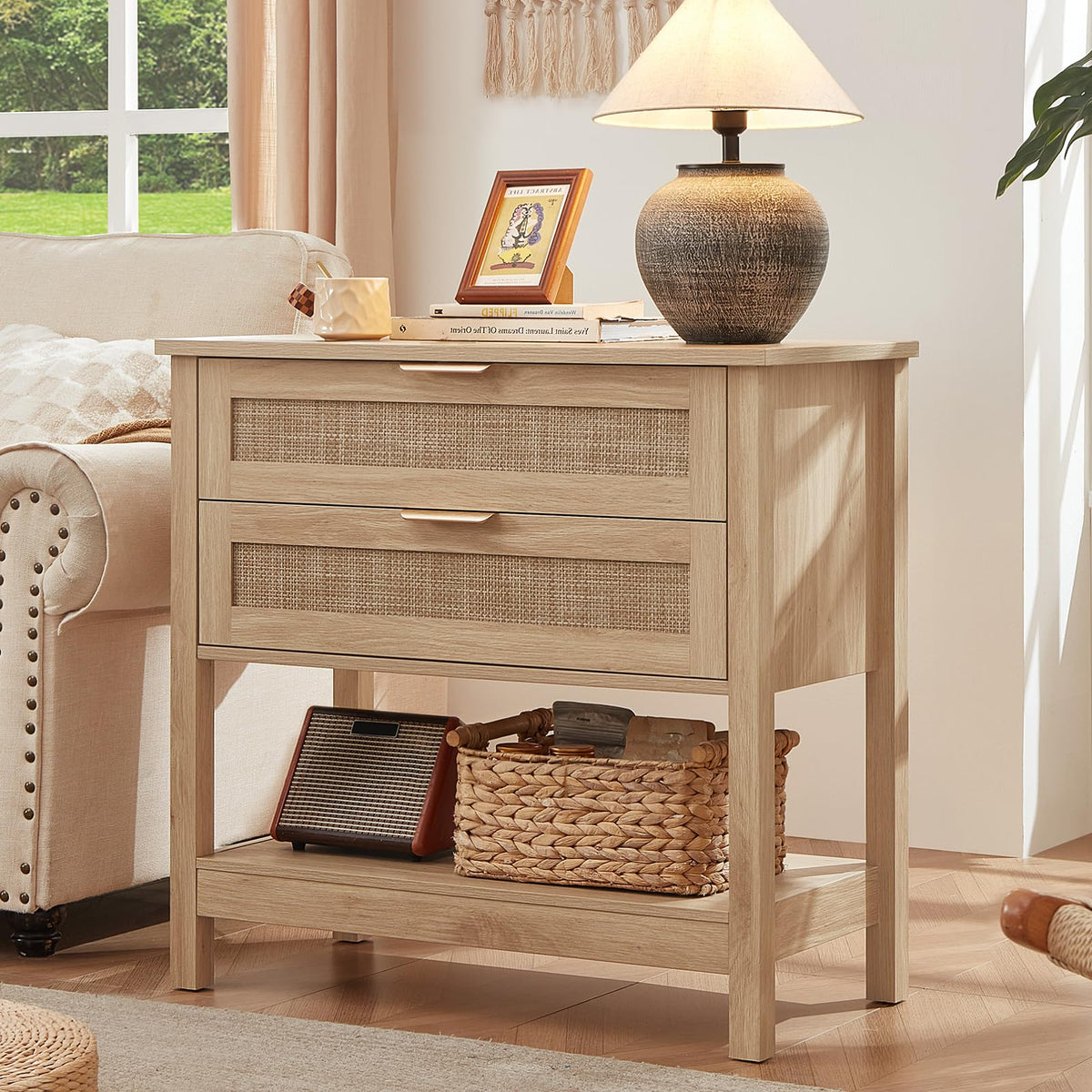 LEYAOYAO 26.8" Wide Rattan Nightstand, Large Boho 3 Drawer Night Stand