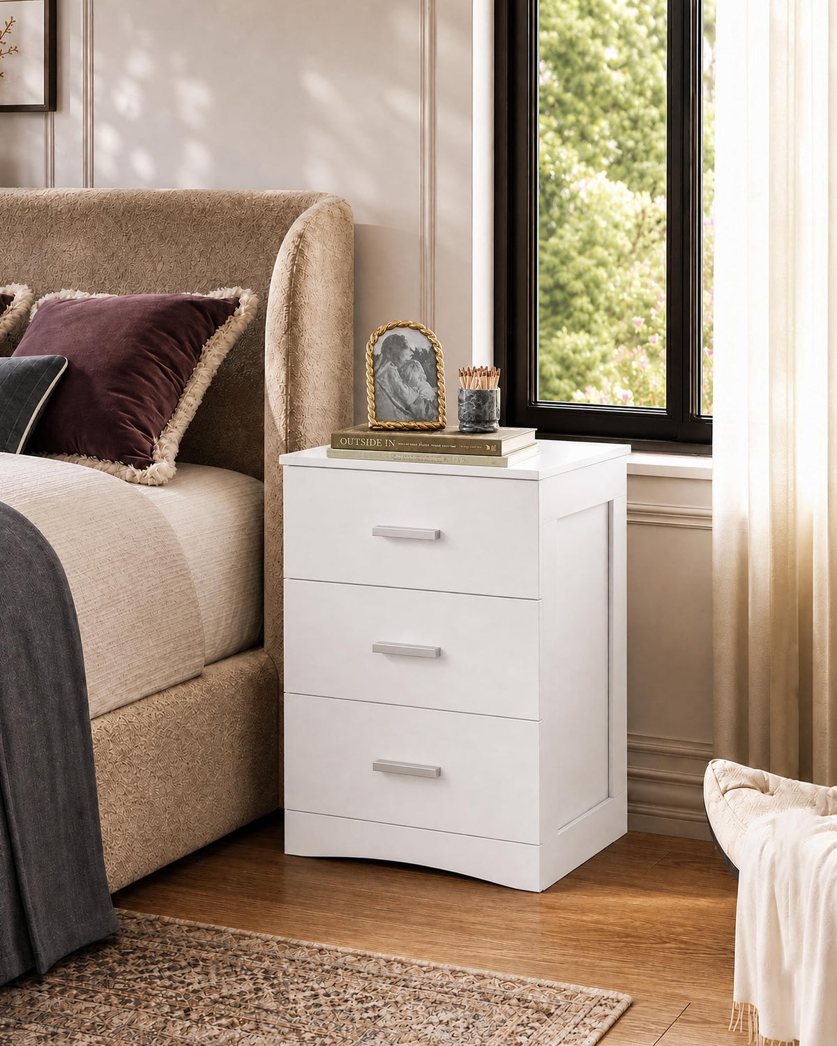 WLIVE Brown Nightstand with 3 Drawers, Wood Bedside Table with Large Top