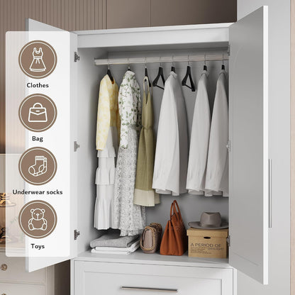 iPormis Armoire Wardrobe Closet with 2 Drawers, Modern Wooden Bedroom Armoire with Doors, Clothing Storage Cabinet with Aluminum Hanging Rod, Wardrobe Storage with Strong Door Closure, White