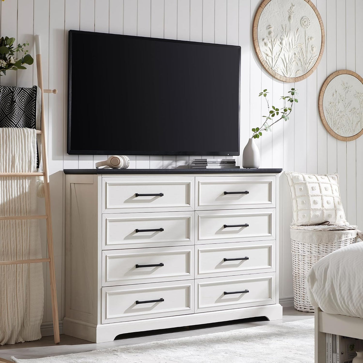 ACCOHOHO Farmhouse 8 Drawers Dresser Chests for Bedroom, Antique White