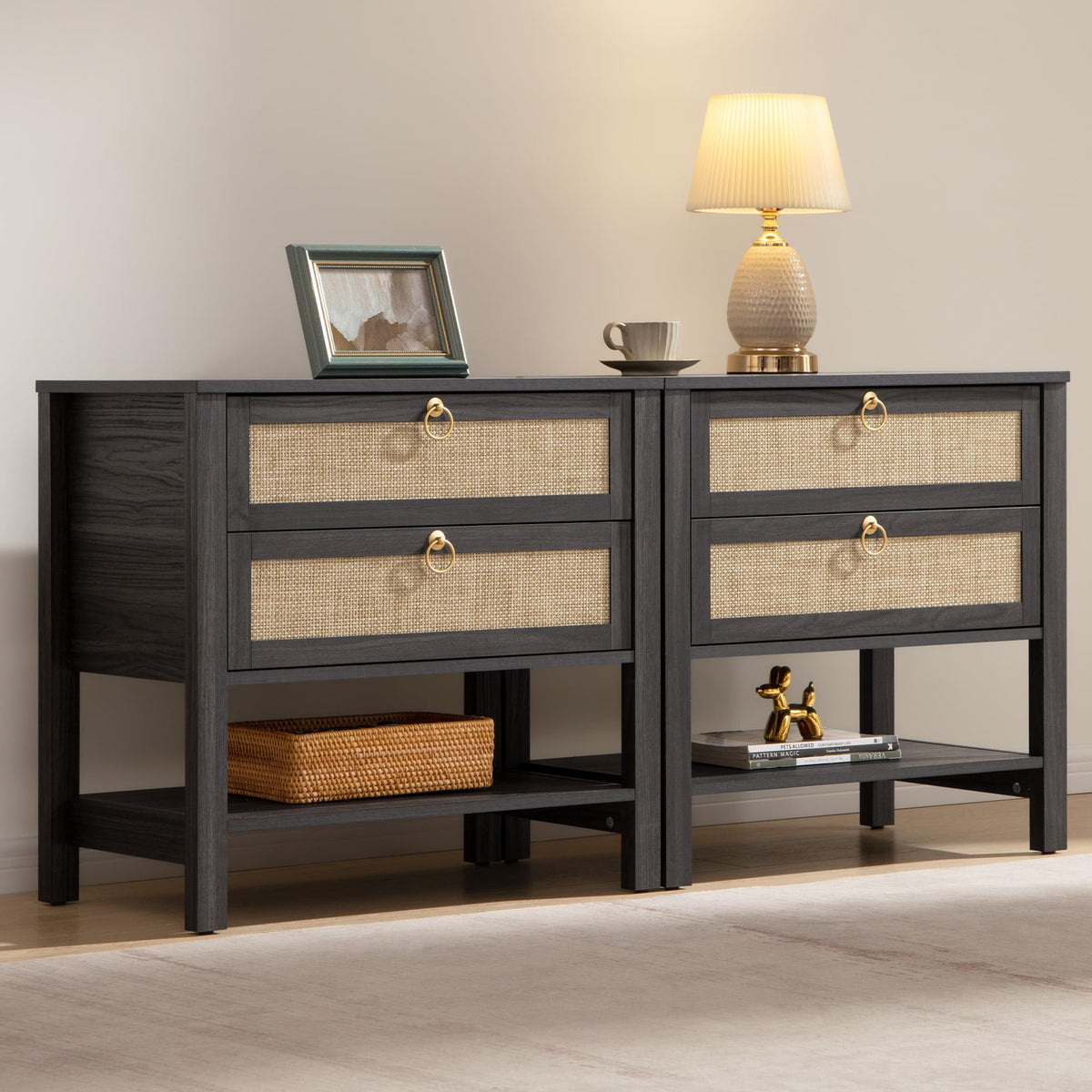 SICOTAS White Rattan Nightstand Set of 2, Wide Bedside Table with 2 Drawers