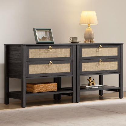 SICOTAS White Rattan Nightstand Set of 2, Wide Bedside Table with 2 Drawers