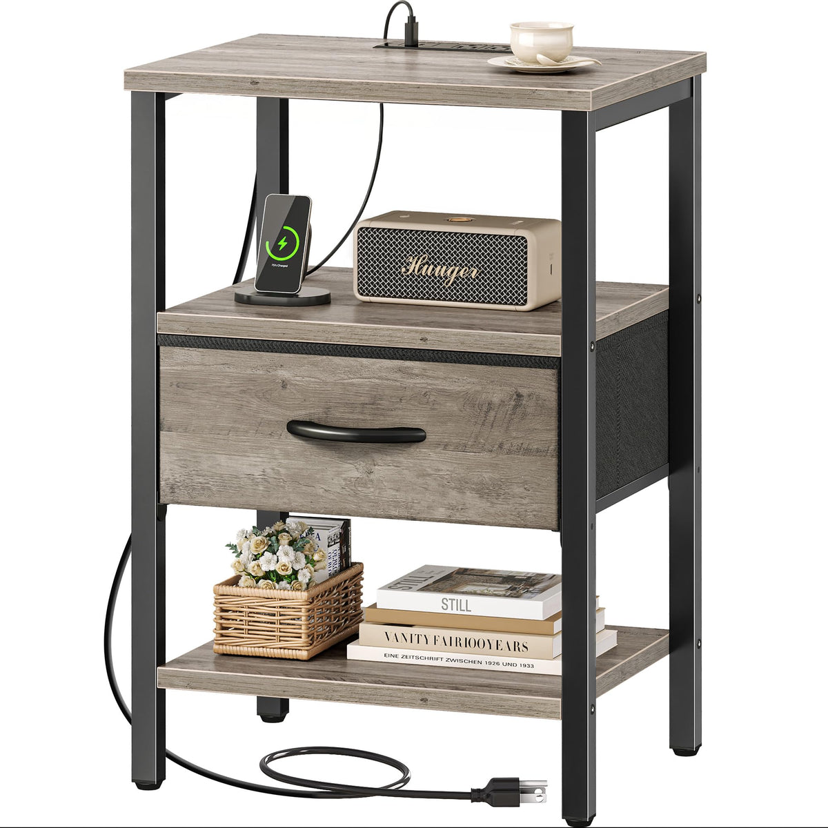 SUPERJARE Nightstand with Charging Station, USB-C Port, Bedside Table