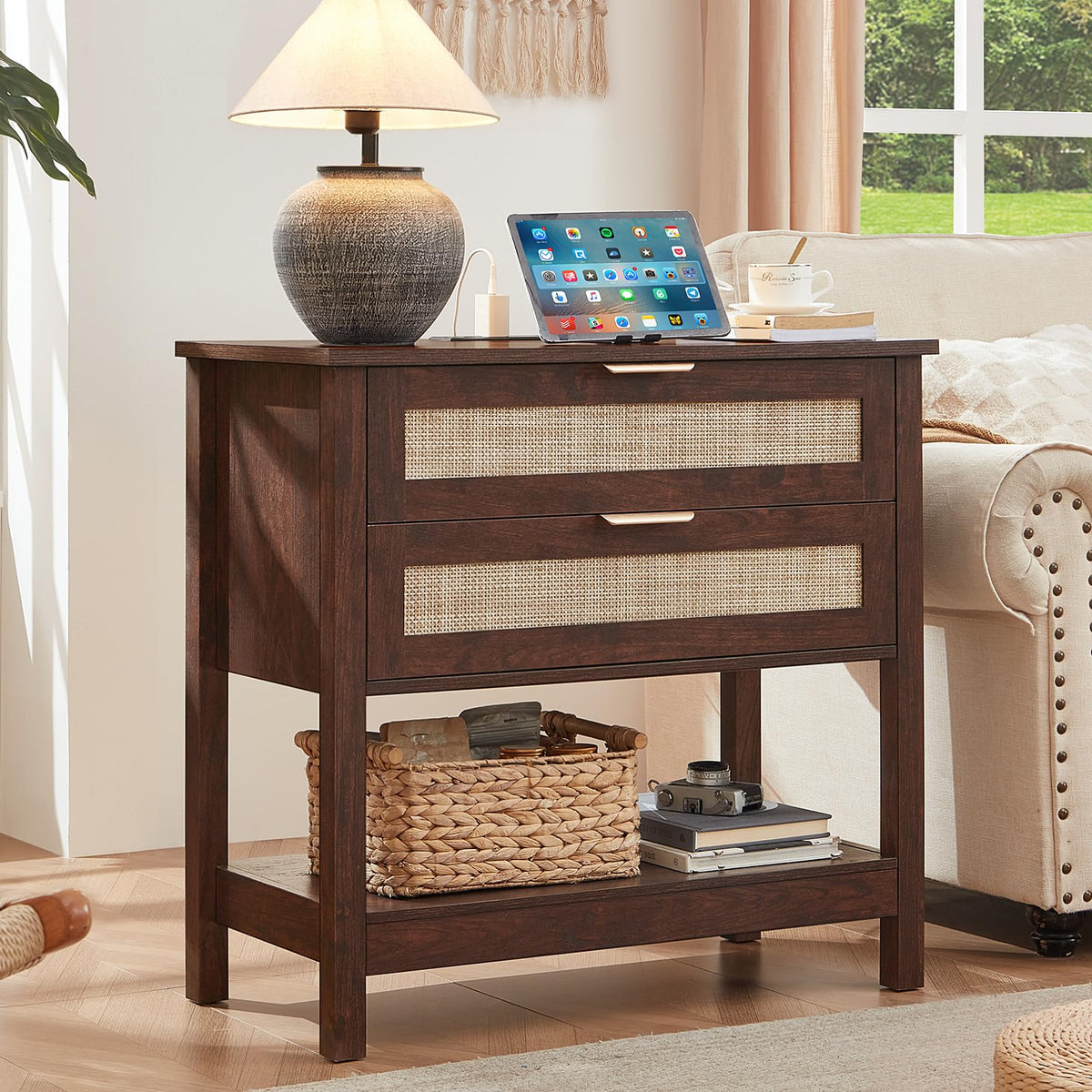 LEYAOYAO 26.8" Wide Rattan Nightstand, Large Boho 3 Drawer Night Stand