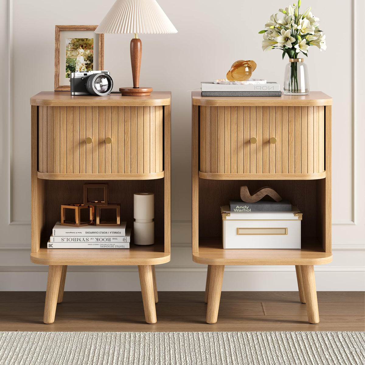 Decofy Fluted Nightstand Set of 2, Charging Station & Sliding Doors, Walnut