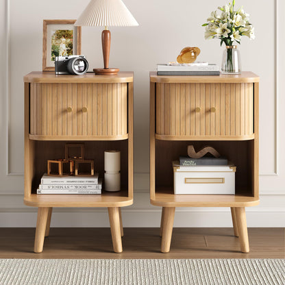 Decofy Fluted Nightstand Set of 2, Charging Station & Sliding Doors, Walnut