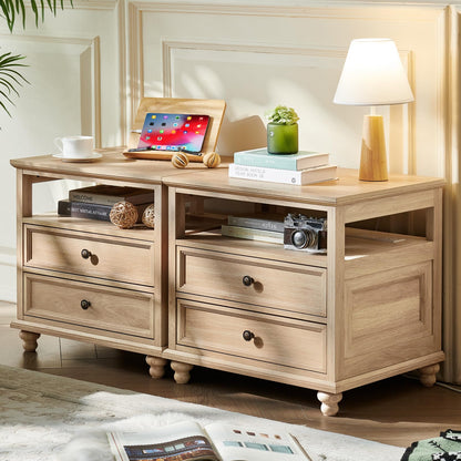 Joaxswe 24" Wide Farmhouse Night Stand Set of 2,Large End Table with 3 Drawers & Metal Handle,Wood Dresser for Bedroom,Bed Side Table Chest of Drawers Cabinet,Natural Nightstand for Living Room,Closet