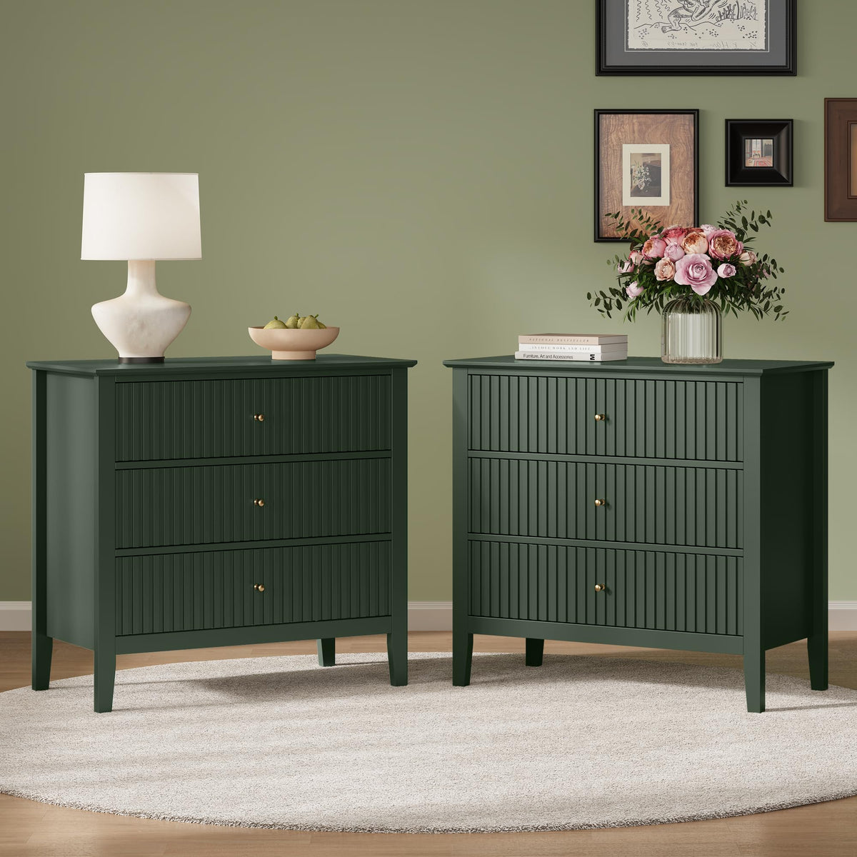 RoyalCraft 32" Large Nightstand Set of 2, Fluted Painted Bedside Table with 3 Spacious Drawers, Modern Tall End Table for Bedroom, Beige