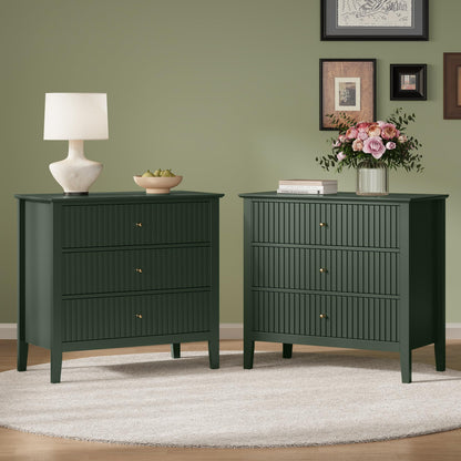 RoyalCraft 32" Large Nightstand Set of 2, Fluted Painted Bedside Table with 3 Spacious Drawers, Modern Tall End Table for Bedroom, Beige