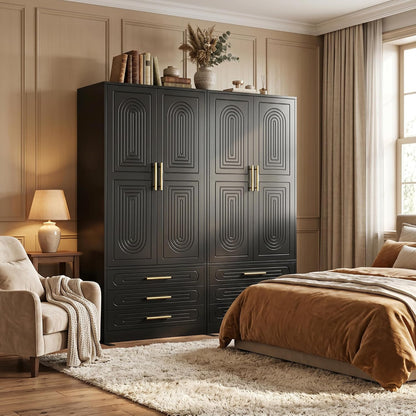 4 Doors Armoire Wardrobe Closet with Drawer & Doors, 71 inch Tall Wardrobe