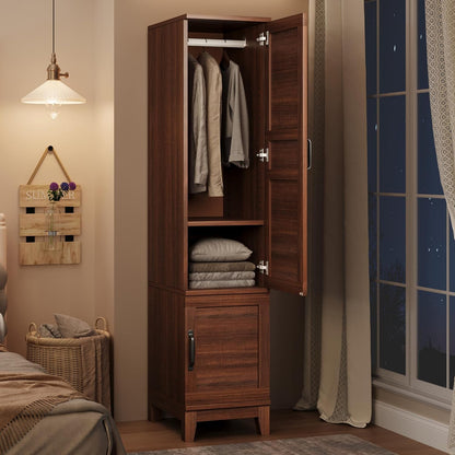 72" Wooden Armoire Wardrobe Closet – 2 Doors, Hanging Rod, 18 Adjustable Shelves, Narrow Bedroom Storage Organizer – Walnut Finish,Brown