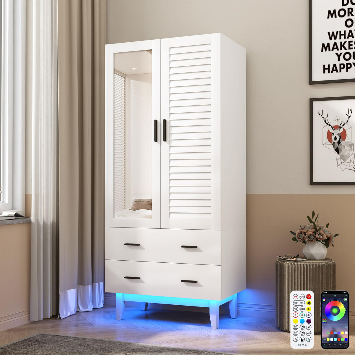 Hlivelood 3 Door Armoire Wardrobe Closet Cabinet with Drawers and LED Lights, Multi-Tier Shelves, Hanging Rod & 3 Louver Doors, Large Capacity Storage Wardrobe Armoire for Bedroom, White