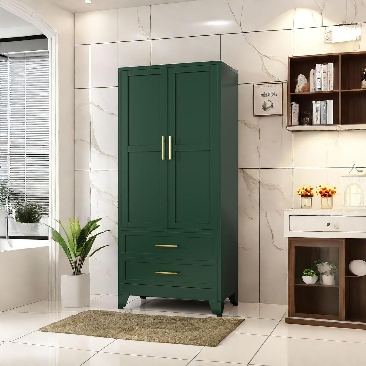 71" Metal Armoire Wardrobe Closet, Tall Clothing Storage Cabinet, Green