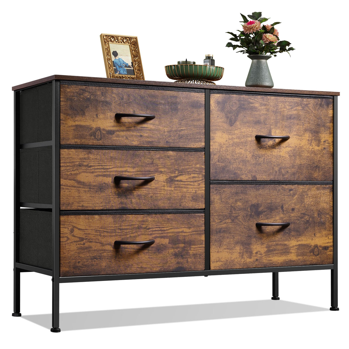 WLIVE Black Dresser for Bedroom, 5 Fabric Chest of Drawers