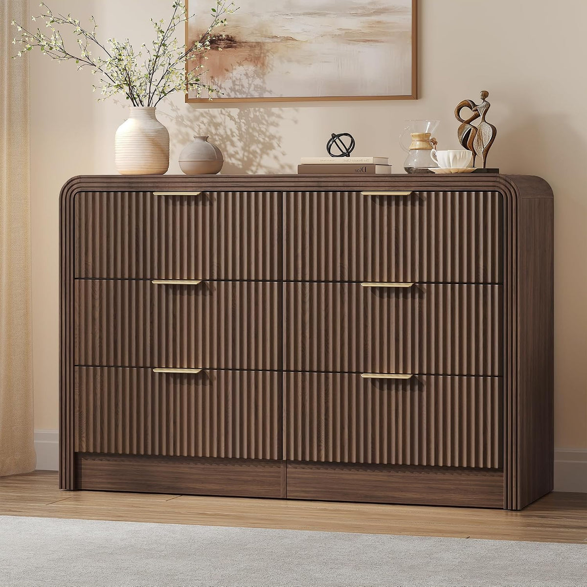 Decofy 47" W Fluted 6-Drawer Dresser for Bedroom, Walnut