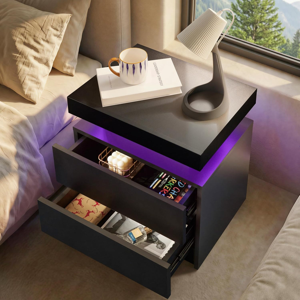 i-aplus Black Modern LED Nightstand Set of 2 with 2 Wood Drawer for Bedroom