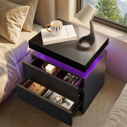 i-aplus Black Modern LED Nightstand Set of 2 with 2 Wood Drawer for Bedroom