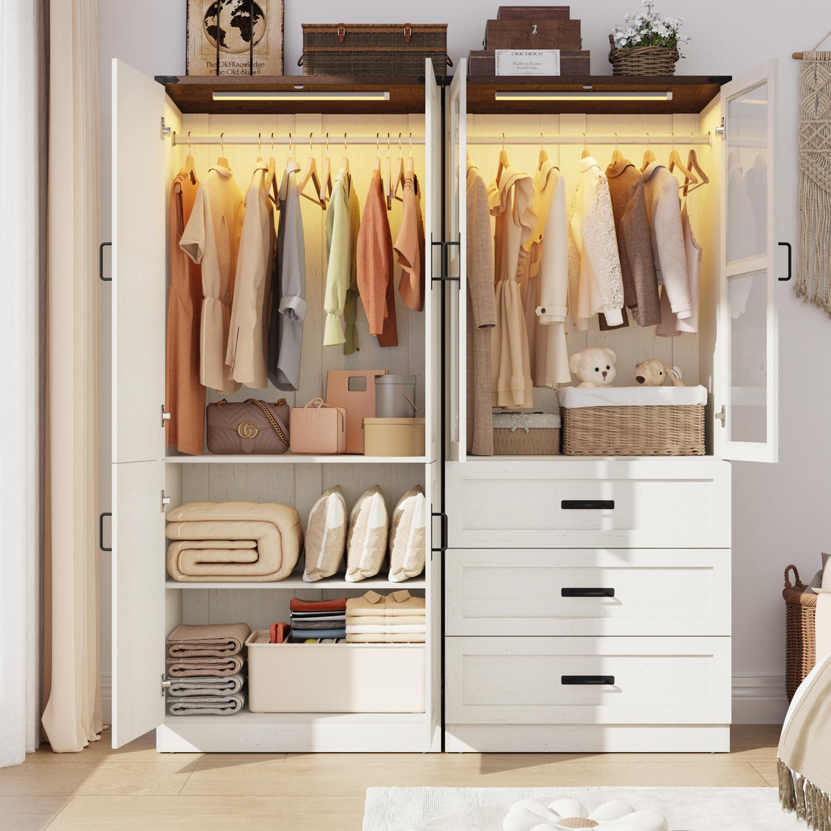 75" Tall Farmhouse 2 Doors Armoire Wardrobe Closet with 3 Drawers and LED,Freestanding Closet Wardrobe Cabinet for Bedroom with Hanging Rod,Wooden Armoire Storage Cabinet with Adjustable shelve(Black)