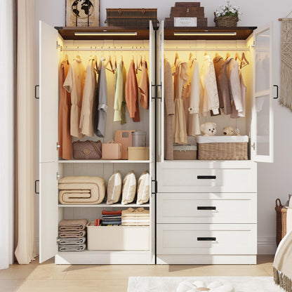 75" Tall Farmhouse 2 Doors Armoire Wardrobe Closet with 3 Drawers and LED,Freestanding Closet Wardrobe Cabinet for Bedroom with Hanging Rod,Wooden Armoire Storage Cabinet with Adjustable shelve(Black)