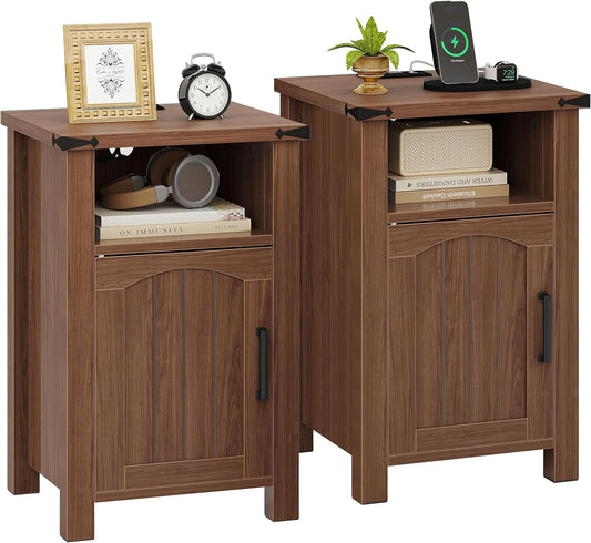 Decofy Farmhouse Nightstand with Charging Station, Set of 2,Walnut