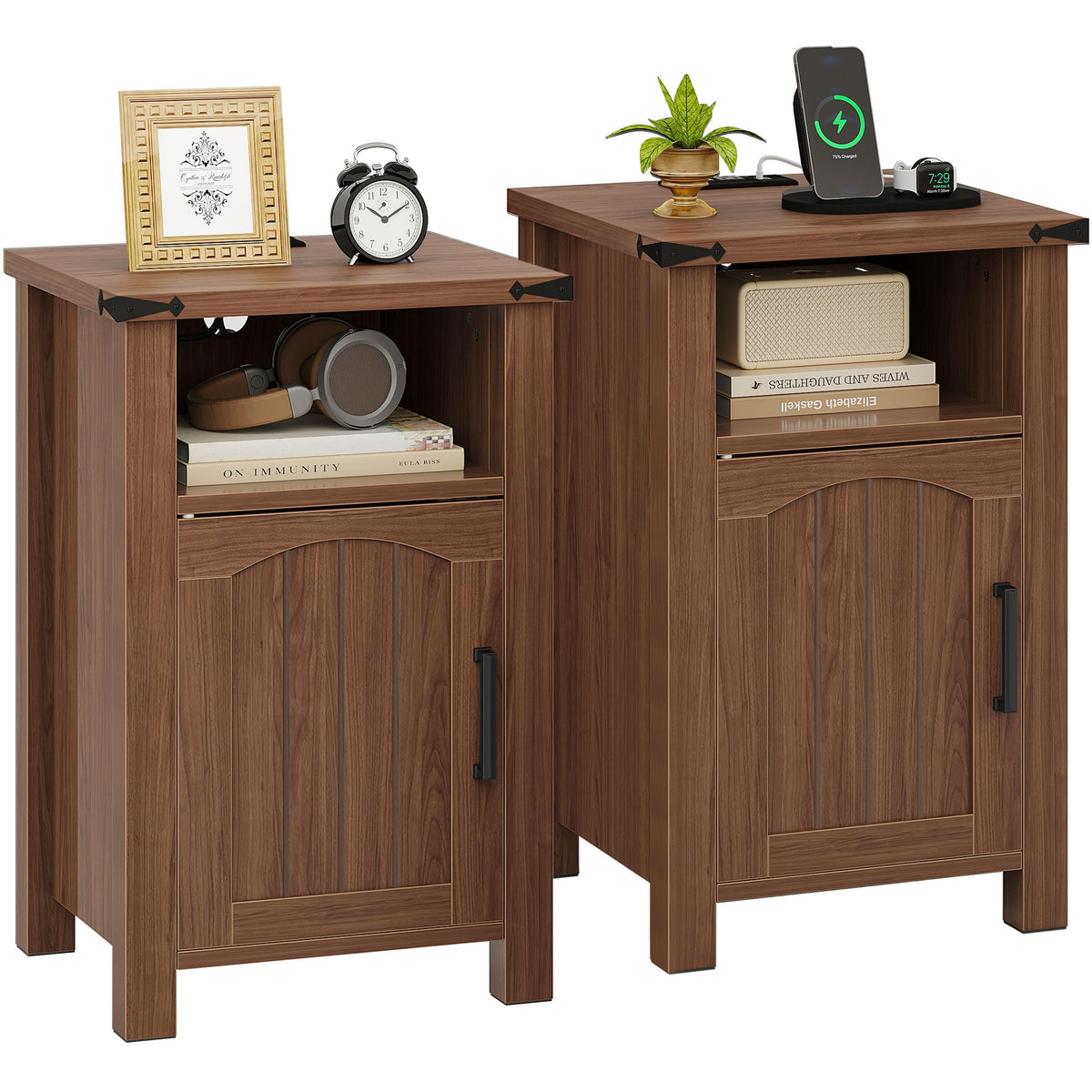 Decofy Farmhouse Nightstand with Charging Station, Set of 2,Walnut
