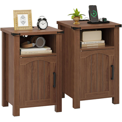 Decofy Farmhouse Nightstand with Charging Station, Set of 2,Walnut