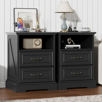 Black Nightstand Set of 2,24" Wide End Table with 3 Large Drawers & Metal Handles,Rustic Farmhouse Wood Small Dresser,Bedside Table,Modern Chest of Drawers for Bedroom,Living Room